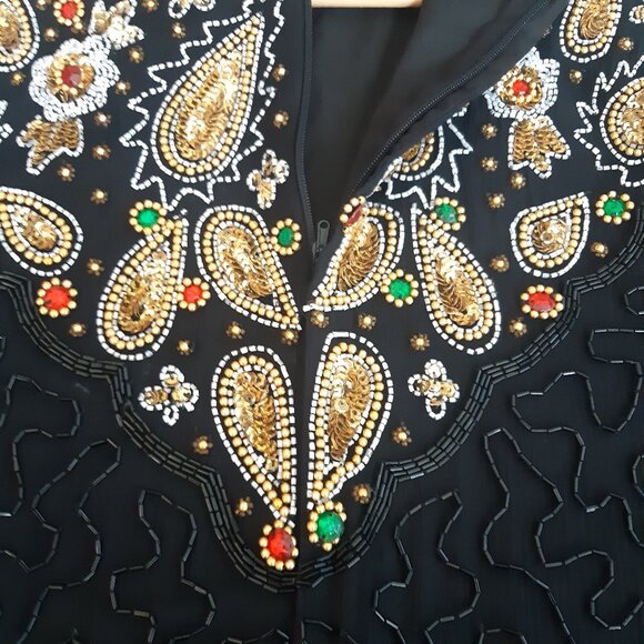 Night Vogue SZ Med 100% Silk Beaded & Sequin Black Evening Dress - Picture 5 of 16